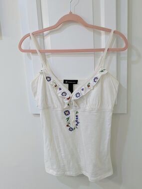 INC International Concepts White Floral-Embroidered Ruffled Camisole